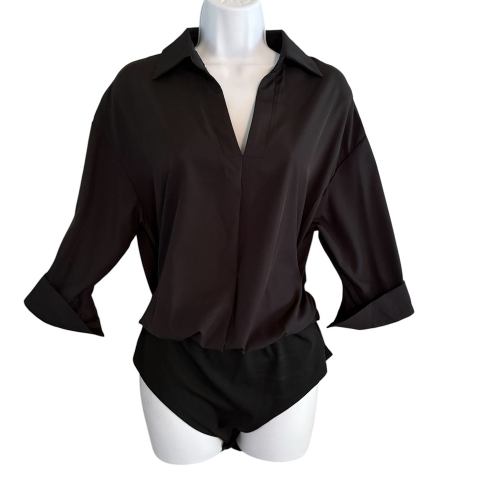 Black V-Neck Collared Women's Top